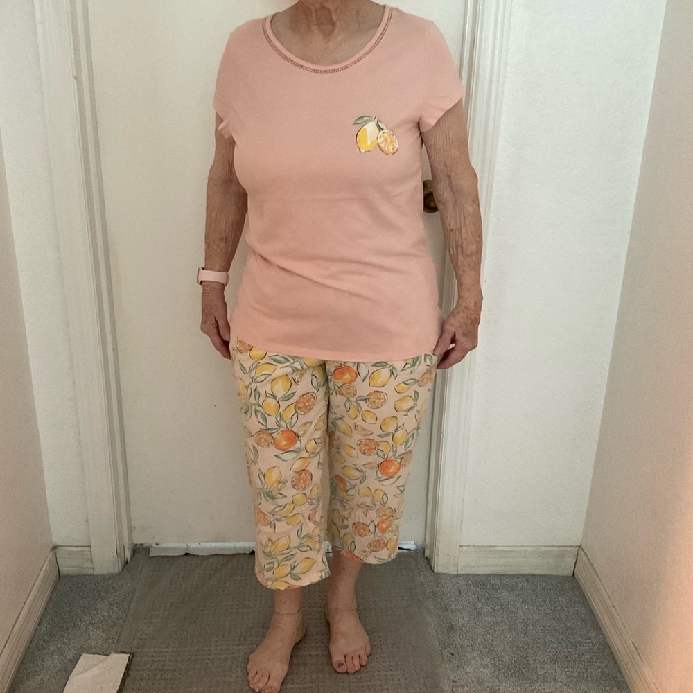 Peach T-Shirt and Lemon Print Pajama Set